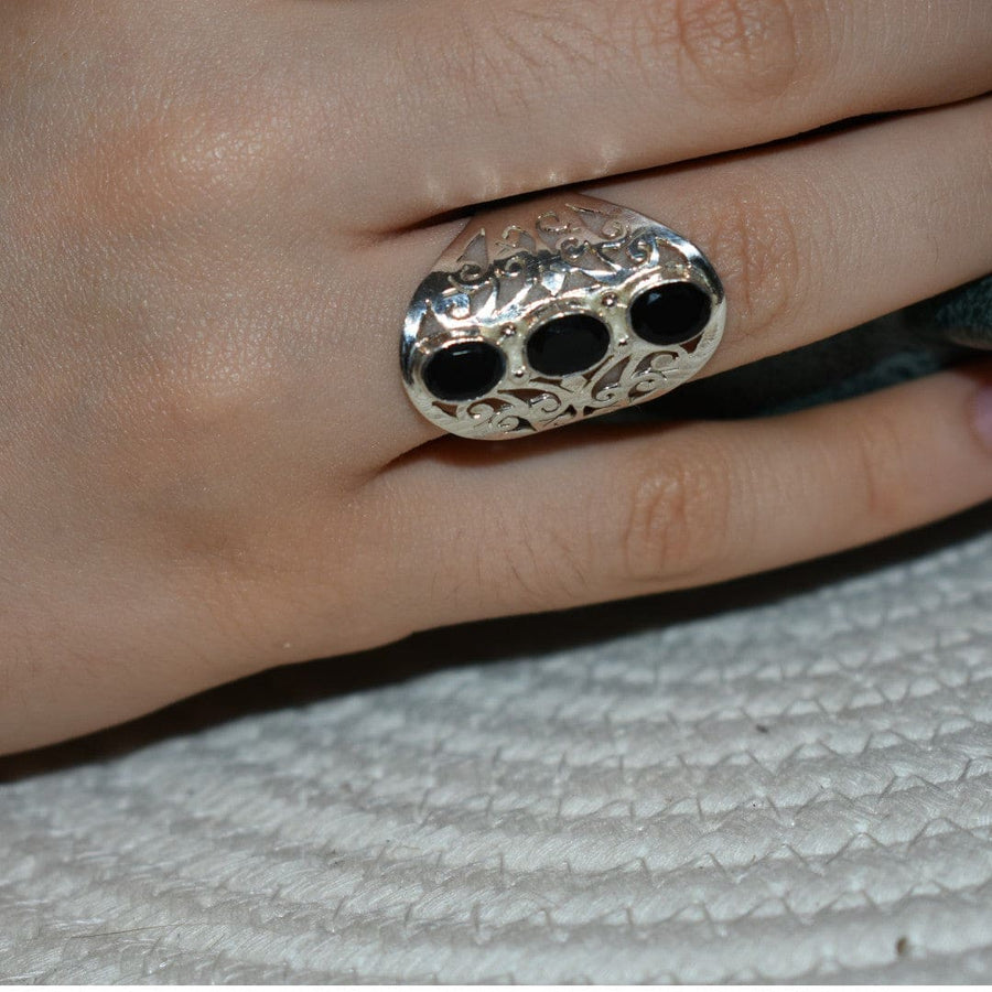 Inel din Argint cu 3 Pietre Semipretioase Naturale de Onix Negru -PureSilver13 (Marime: 9) - inel argint