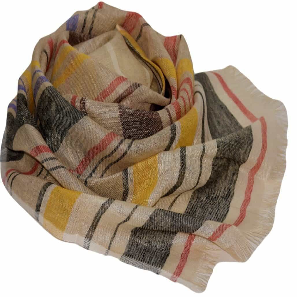 Esarfa-Sal tesuta manual din 100% IN (Linen 100%) - Natural Beige Striped -> Cod: IN01