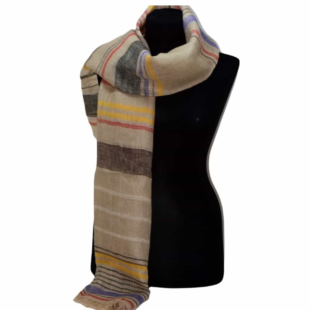 Esarfa-Sal tesuta manual din 100% IN (Linen 100%) - Natural Beige Striped -> Cod: IN01